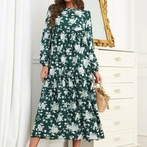 Green floral midi in silky fabric with elegant full sleeves and ruffle bottom